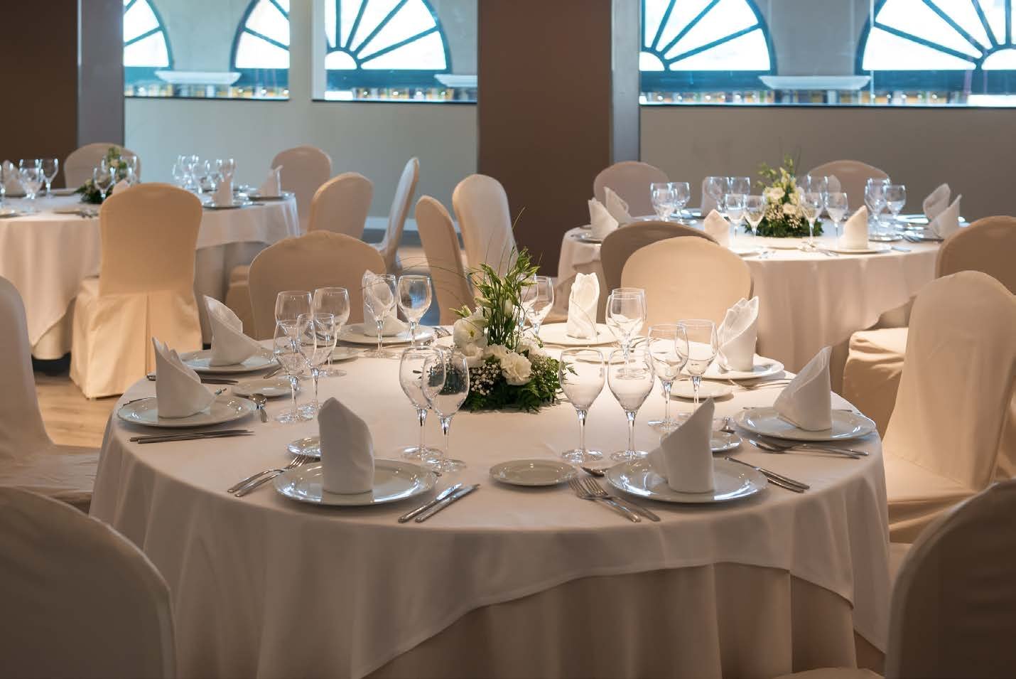 Dining room set up for a group meal