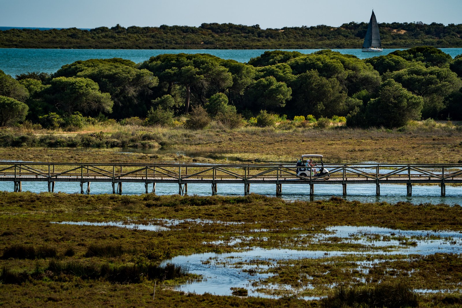 Golf cart crossing the estuary at El Rompido