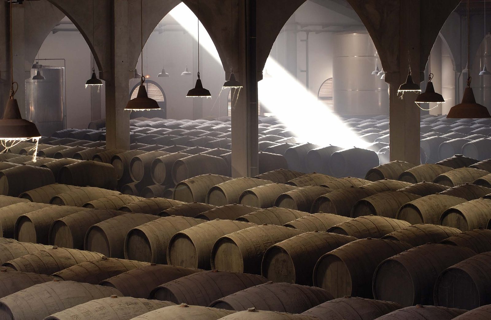 Oak barrels aging in a sherry bodega along the Wine Route