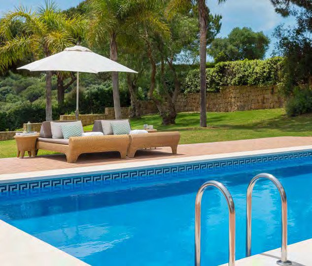 Private pool at Villa Lentisco, framed by palm trees